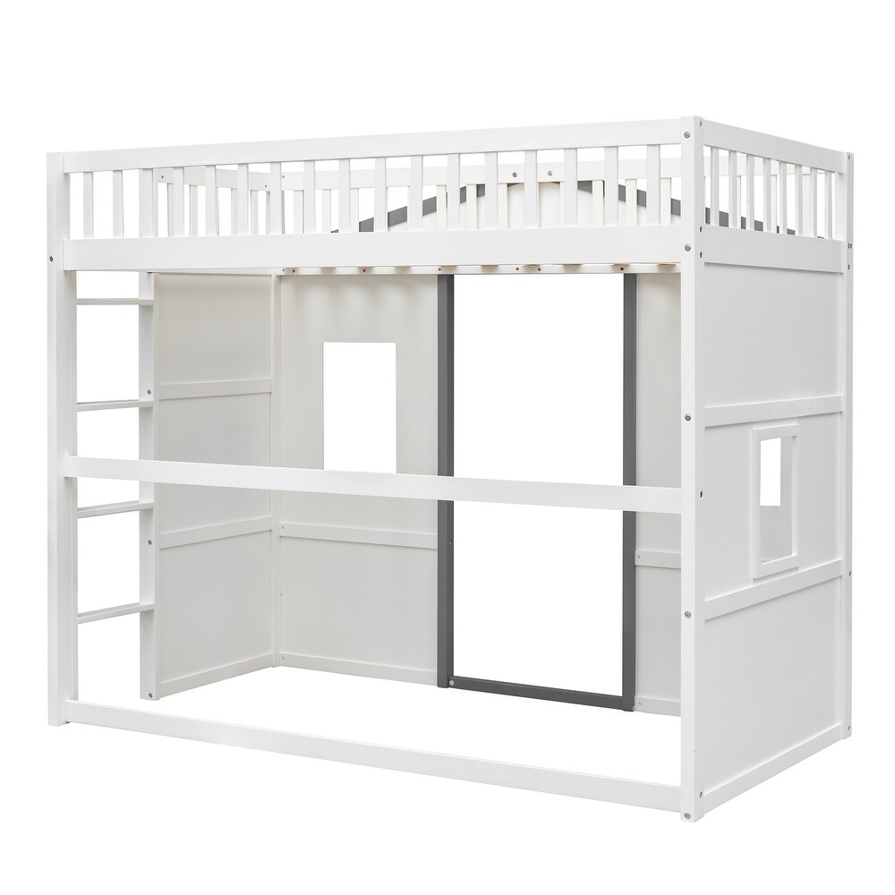 House Loft Bed Twin Kids Playhouse Bed  Solid Wood Loft Bed Frame with Window and Ladder  for Girls Boys  White+Grey