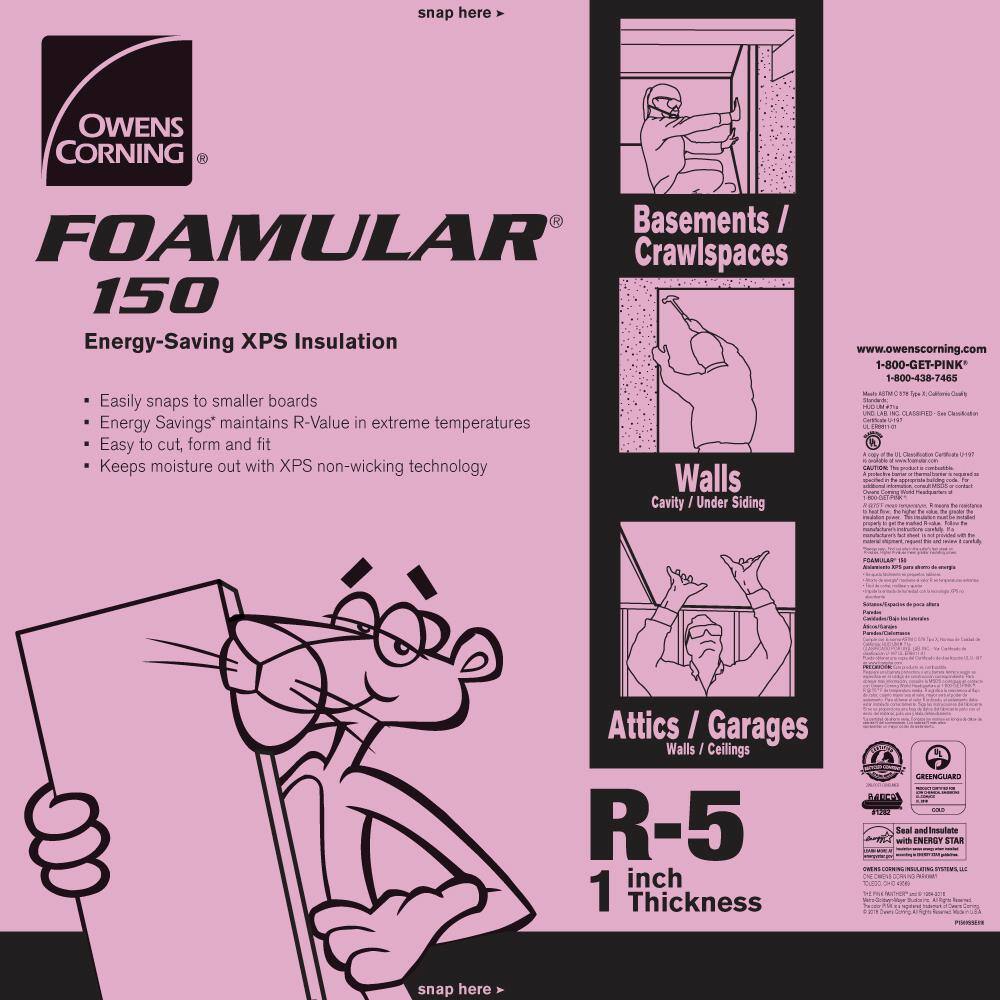 Owens Corning FOAMULAR 150 1 in. x 4 ft. x 8 ft. R-5 Scored Square Edge Rigid Foam Board Insulation Sheathing 20WE