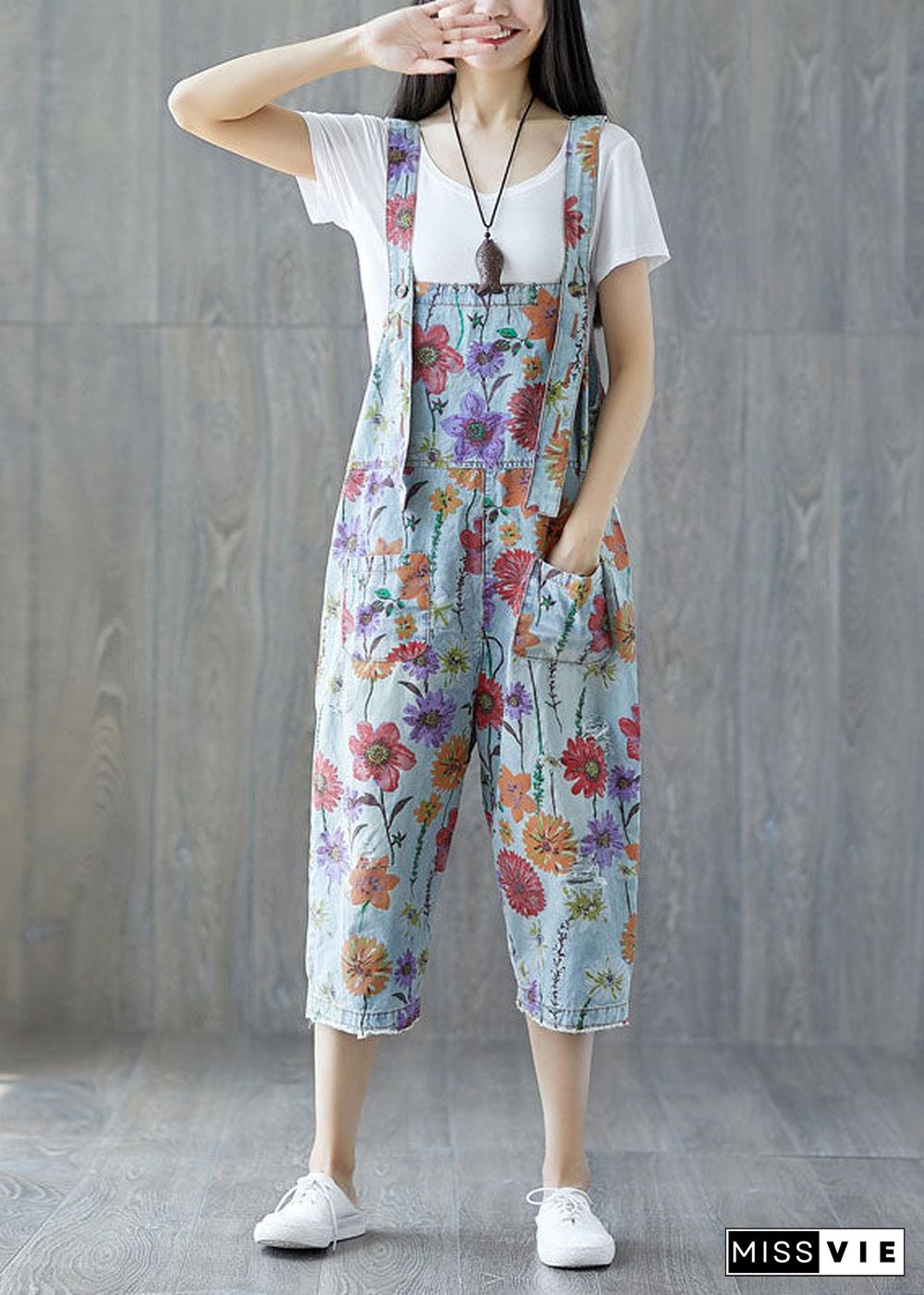 Classy light Blue pockets Floral Denim Jumpsuit