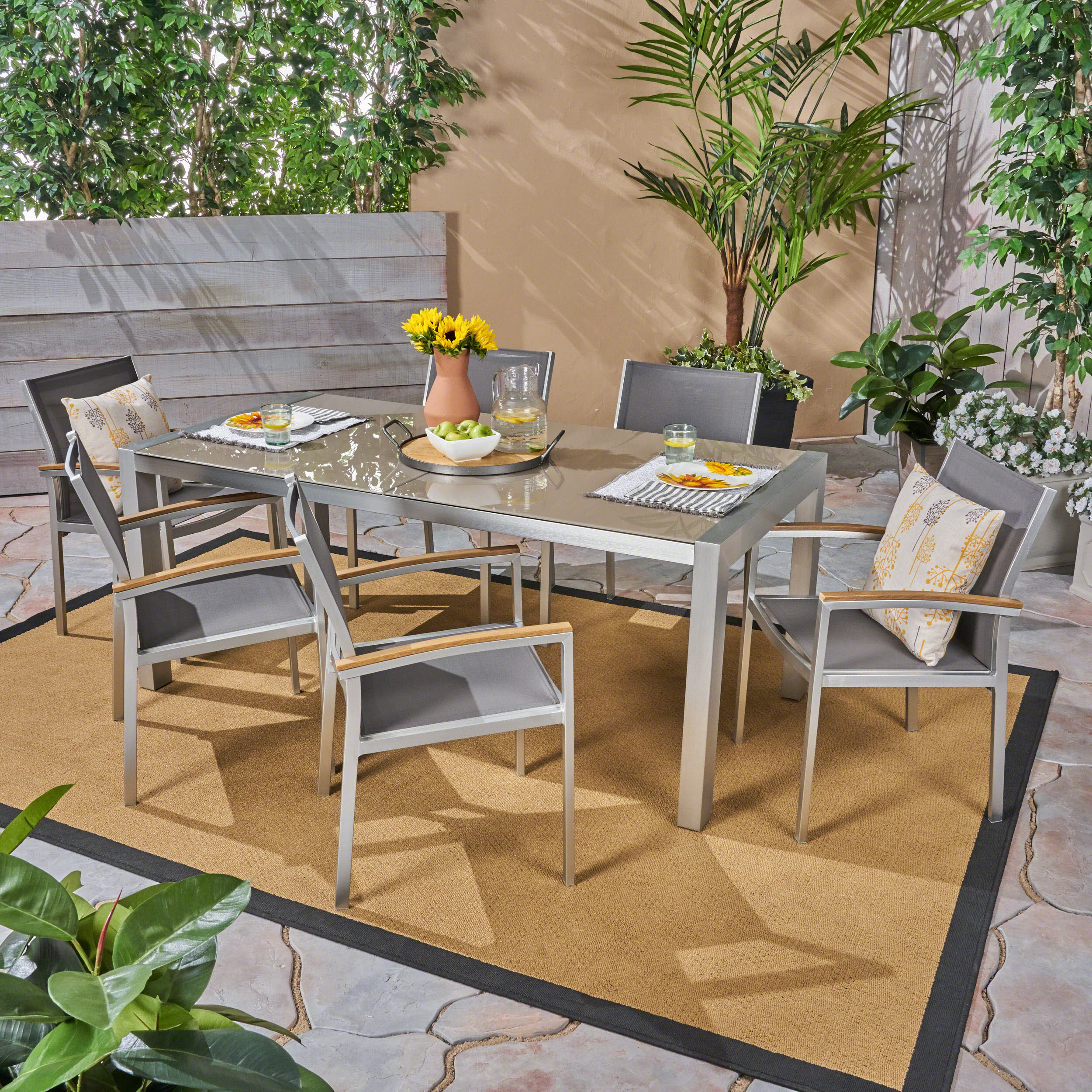 Jamine Outdoor Aluminum and Mesh 7 Piece Dining Set with Glass Table Top