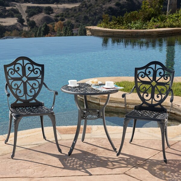 24 Inch Cast Aluminum Bistro Table with Umbrella Hole and 2 Bistro Chairs