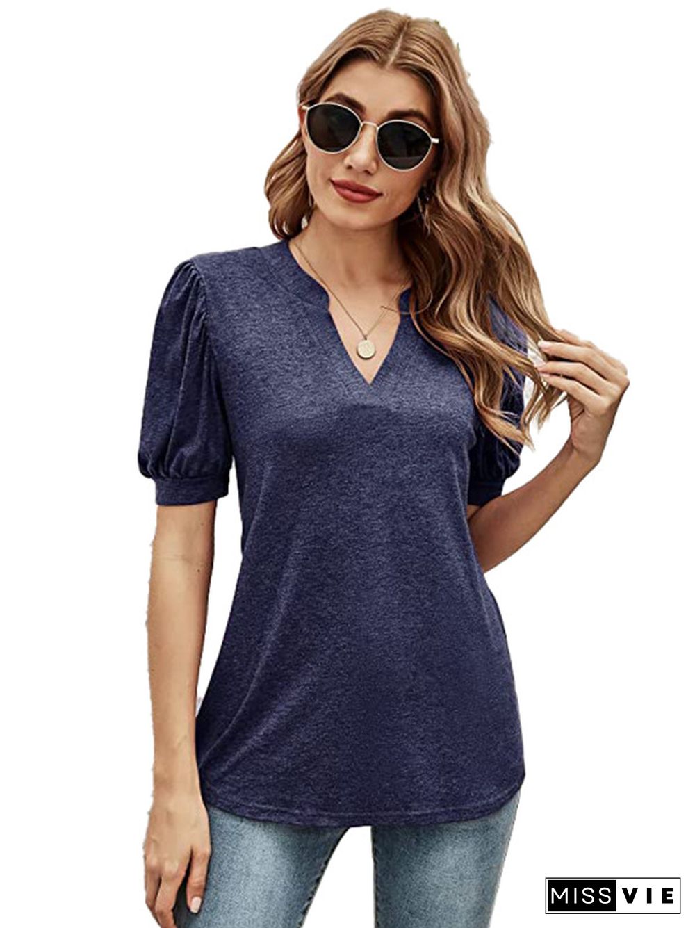 Simple Solid Color V-Neck Puff Sleeves T-Shirt Top