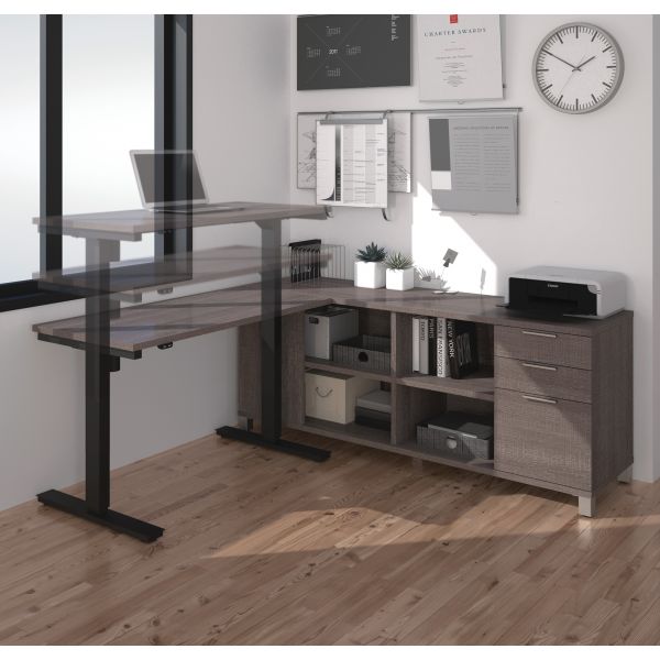 Bestar Pro-Linea L-Desk including Electric Height Adjustable Table in Bark Gray