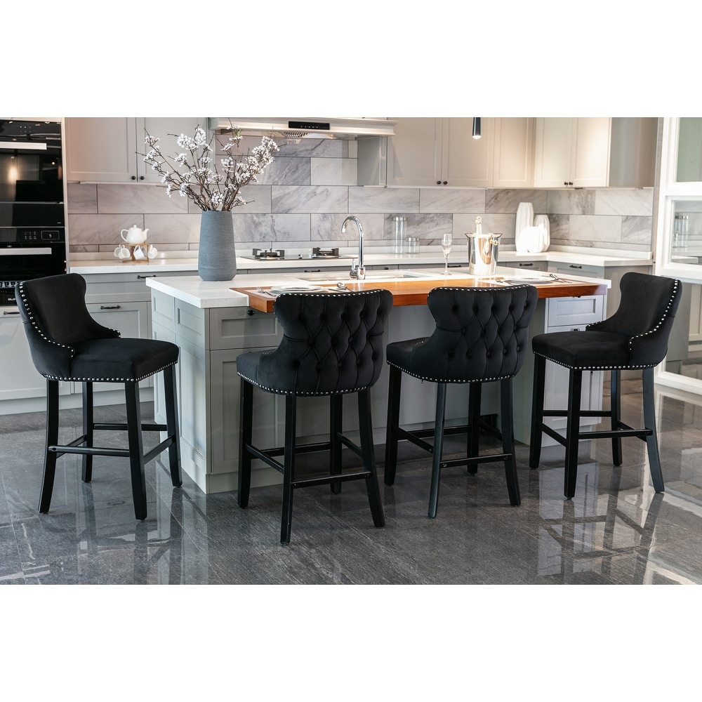 Contemporary Velvet Bar Upholstered Wing Back Barstools with Button Tufted Decoration and Wooden Legs  Set of 4