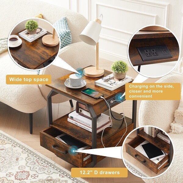 End Table with Charging Station， Side Table with USB Ports and Outlets - 17.3’’W*17.9’’D*21.2’’H