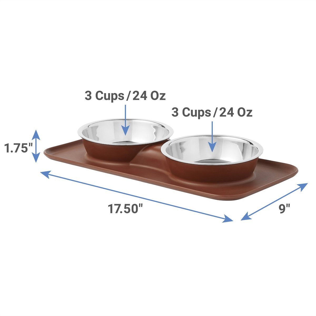 Frisco Silicone Stainless Steel Double Diner Dog and Cat Bowl， Brown