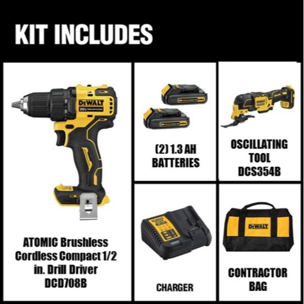 DW ATOMIC 20V MAX Cordless Brushless Compact 12 in. DrillDriver 20V Oscillating Tool and (2) 20V 1.3Ah Batteries DCD708C2W354B