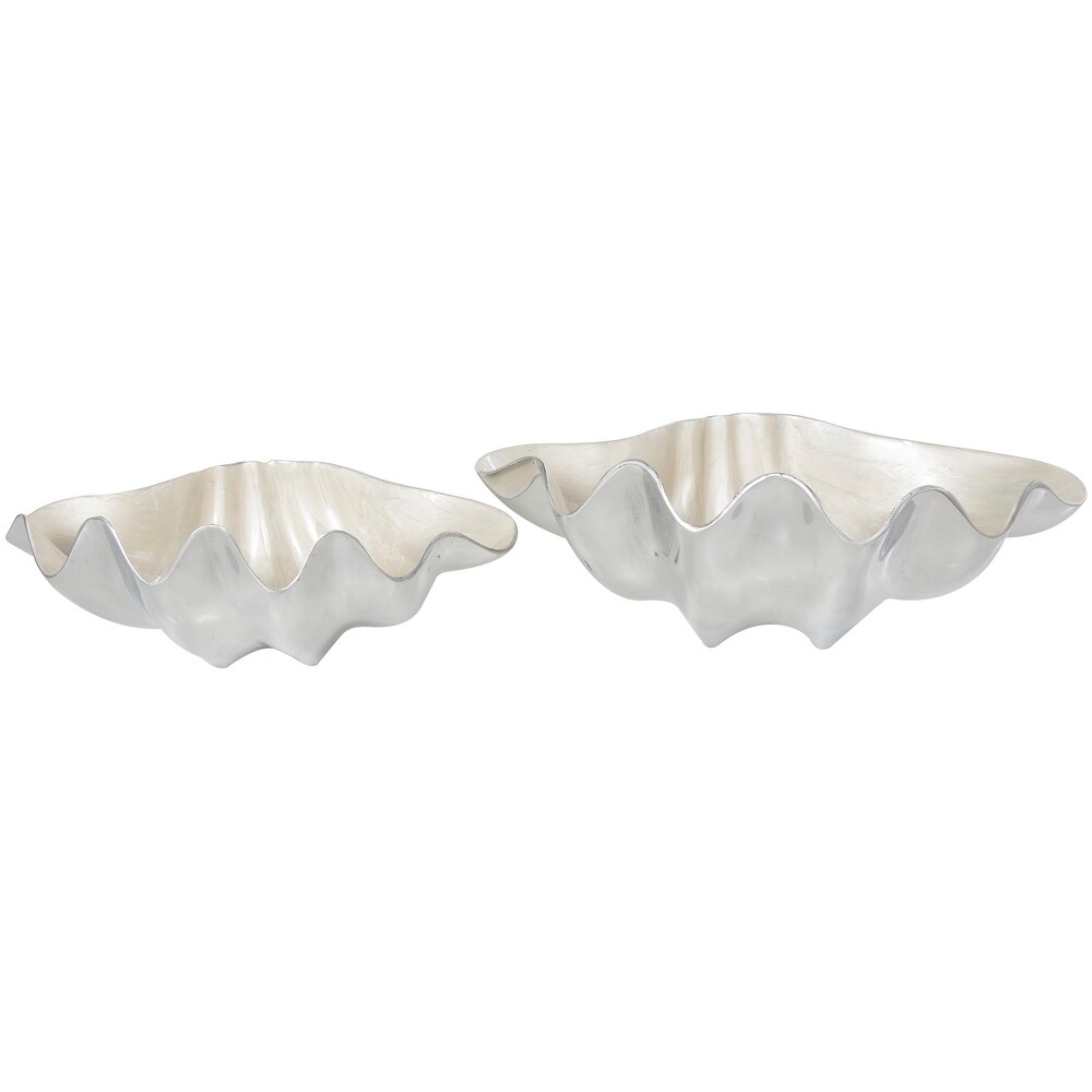 Blue or White Aluminum Enameled Shell Decorative Bowl with Silver Metal Exterior (Set of 2)