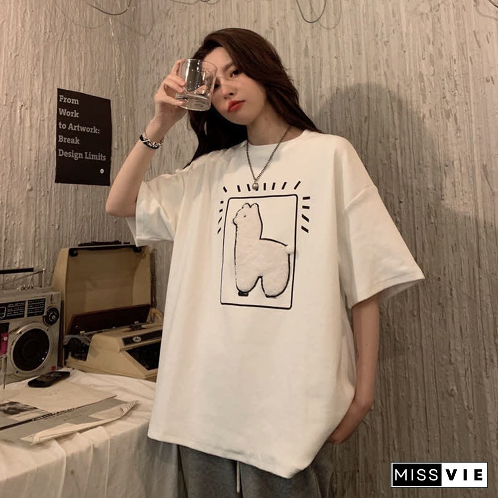 Cartoon Alpaca Embroidery Loose T-Shirt