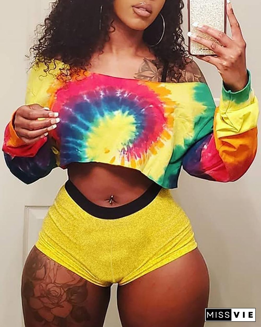 Tie Dye Print Off Shoulder Crop Top & Shorts Set