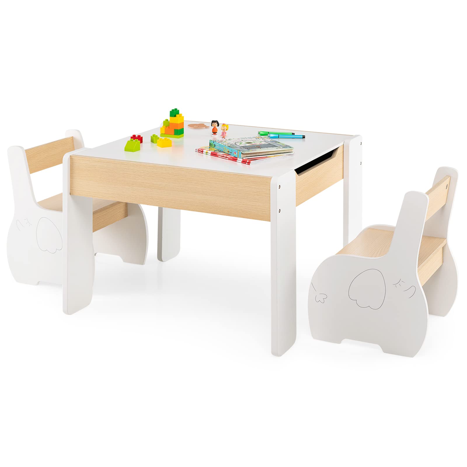 Costzon Kids Table and Chair Set, 4 in 1 Wooden Activity Table & 2 Chairs