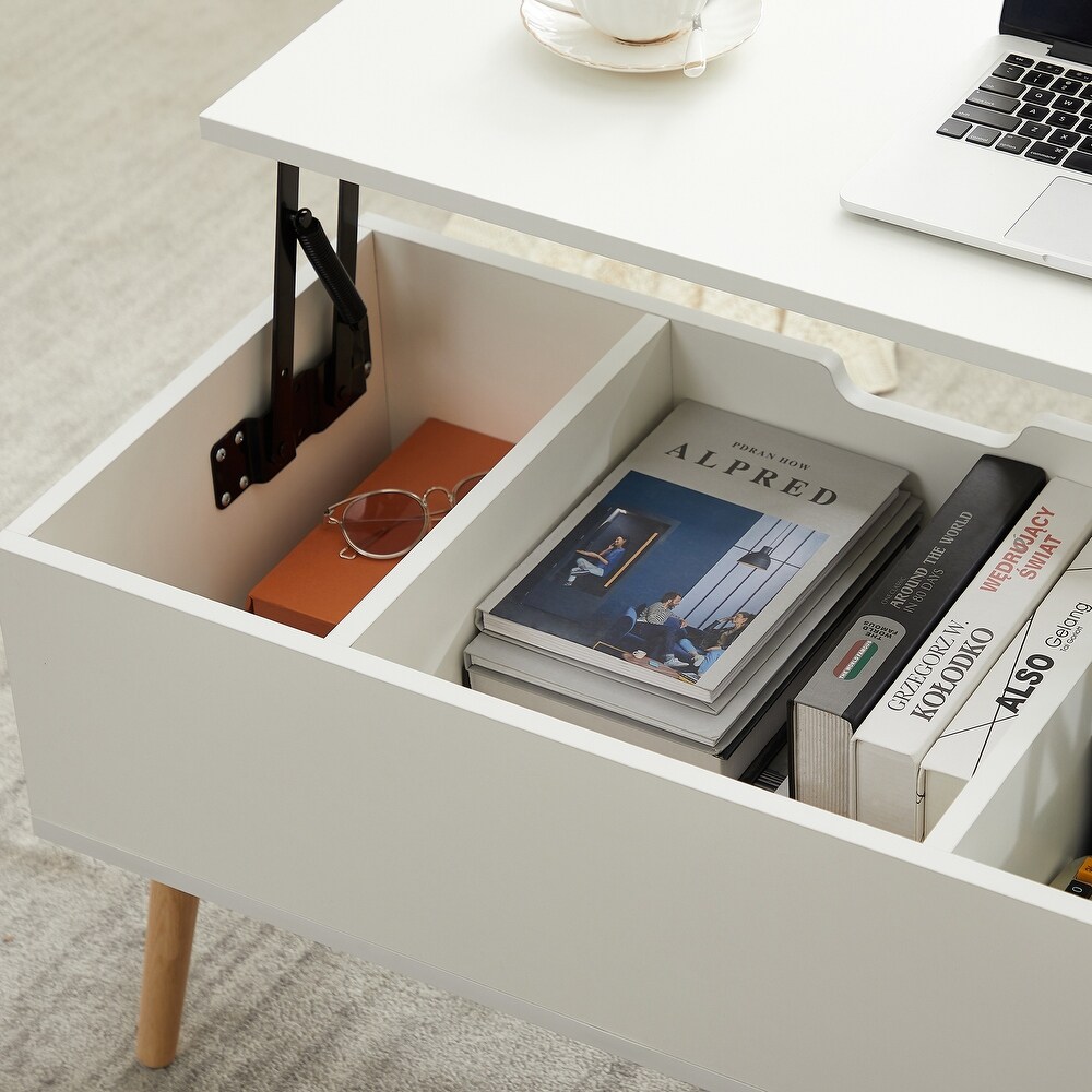 Modern Lift Top Coffee Table  Solid Wood Dining Table with Hidden Compartment and Adjustable Storage Shelf