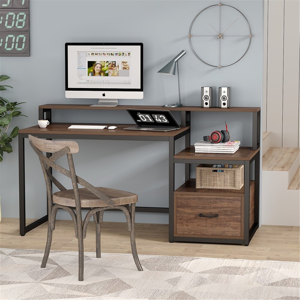 59'' Computer Desk with Drawer  Storage Shelves and Monitor Stand