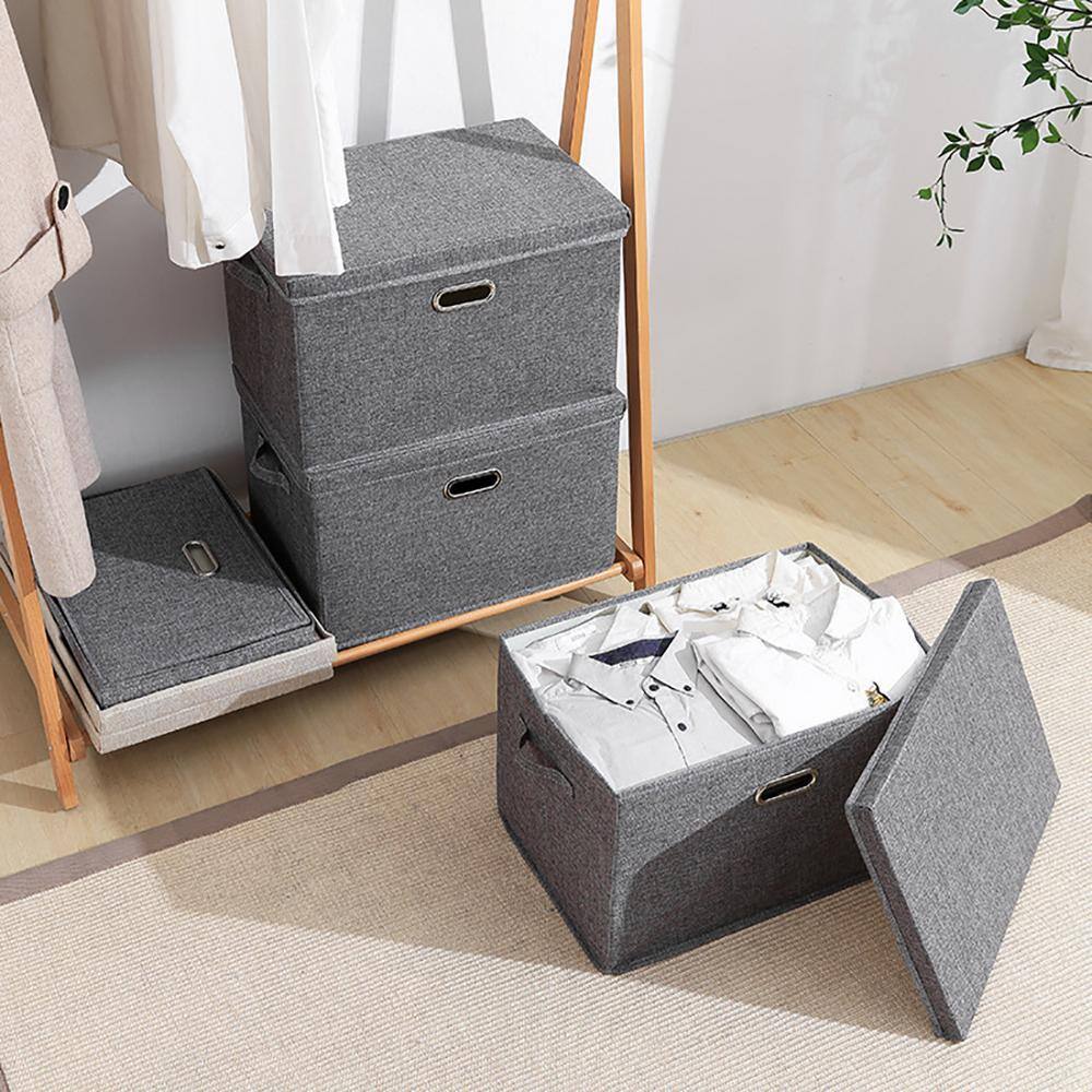 50 qt. Fabric Collapsible Storage Bin with Lid in Gray (3-Pack) bin-54L-gray3