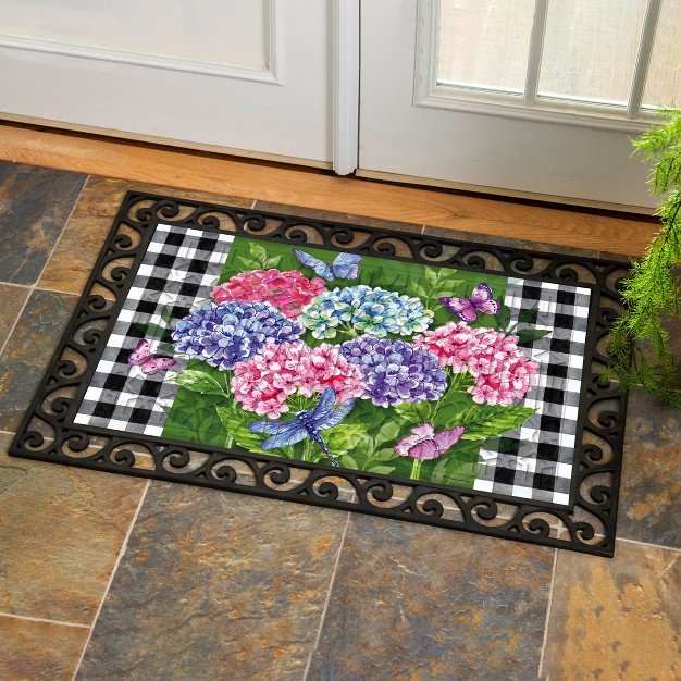 Evergreen Hydrangea Checks Embossed Indoor Outdoor Doormat 18 X 30 Green