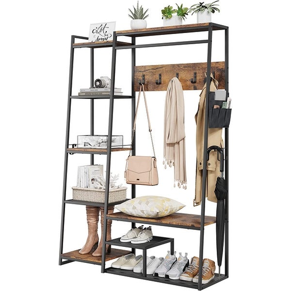 71in Industrial Freestanding Closet Organizer， Clothes Rack Hall Tree with Storage Bench