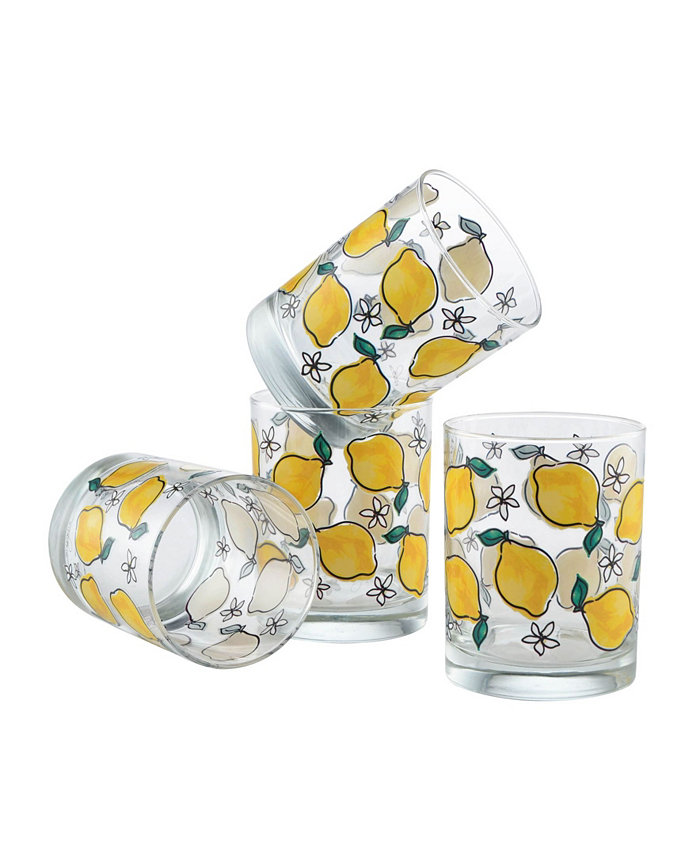 Culver Watercolor Lemons DOF Glass Set of 4