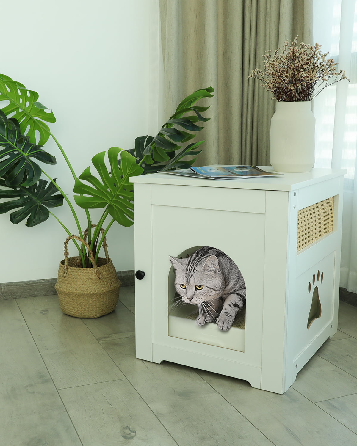 WellMall Cat Litter Box Enclosure， Cat House Side Table，Night Stand Pet House， Indoor Cat House-White