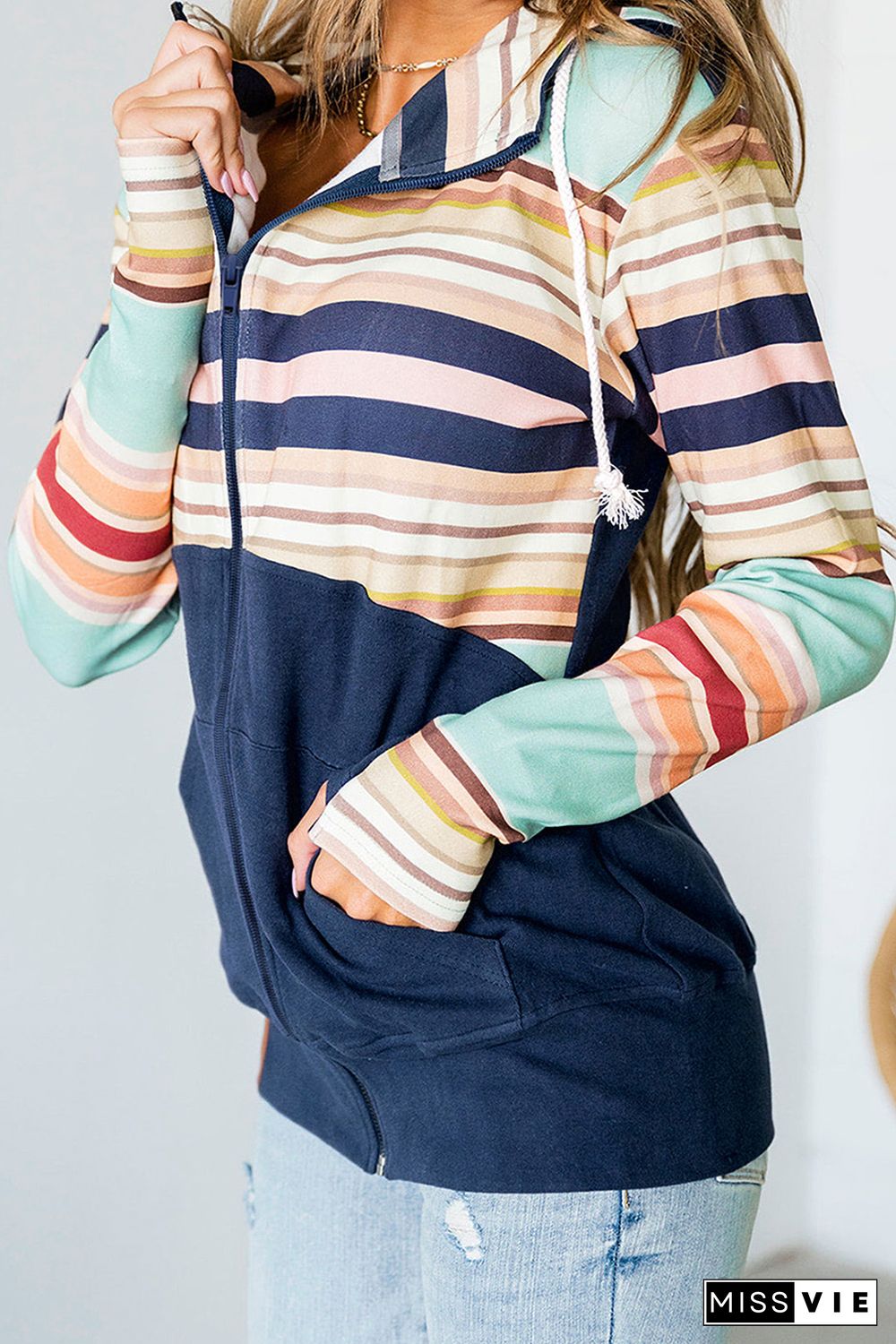 Blue Striped Color Block Thumbhole Sleeve Full Zip Hoodie