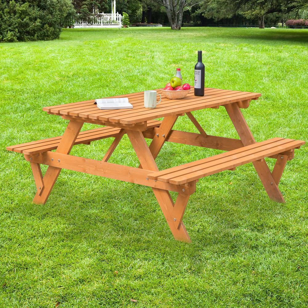 GARDENISED Outdoor Wooden Patio Deck Garden 6-Person Picnic Table for Backyard Garden Stained QI004434.ST