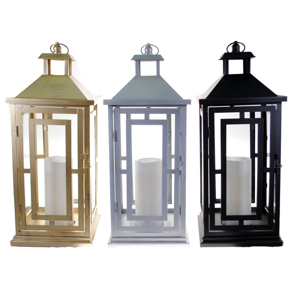 Shop4Omni 20 Inch Metal and Glass Tabletop Centerpiece Lantern with Flame-Less Candle Brushed Bronze