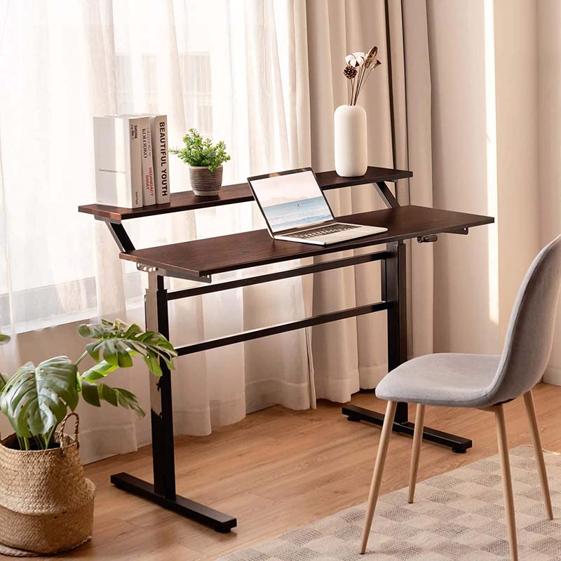 2-Tier Standing Desk, Height Adjustable Sit Stand Up Desk, Computer Desk Workstation with Monitor Stand & Foldable Crank Handle