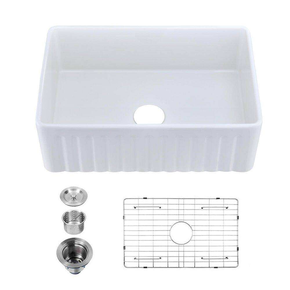 JimsMaison White Fireclay 36 in. Single Bowl Farmhouse Apron Kitchen Sink with Bottom Grid JMWAKS10-3620X