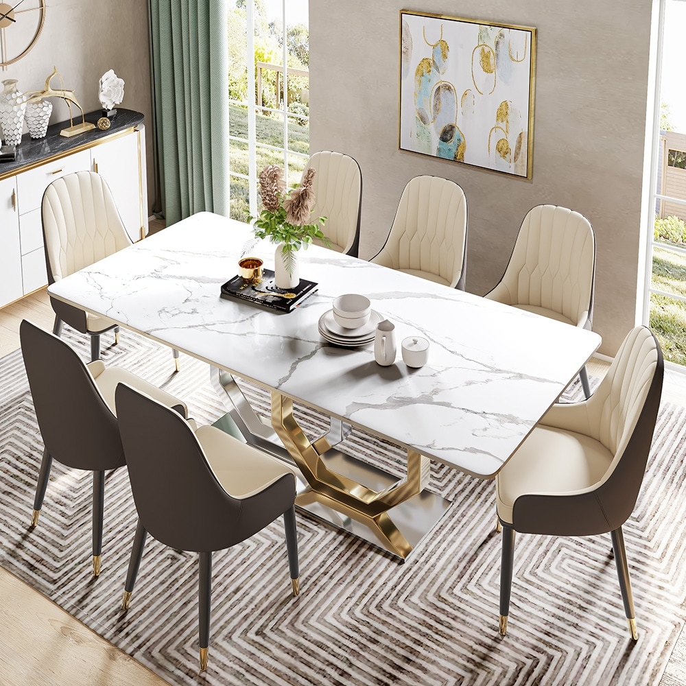 Jenpeg Modern White Marble Dining Table with Rectangular Tabletop  Golden Hexagonal Legged legs  Dining Room Table for 6  63\