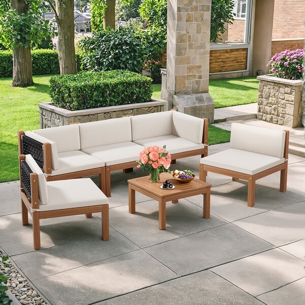 Furniwell 6Piece Outdoor Patio Furniture Sets Sectional Sofa Set Acacia Wood Set with Table