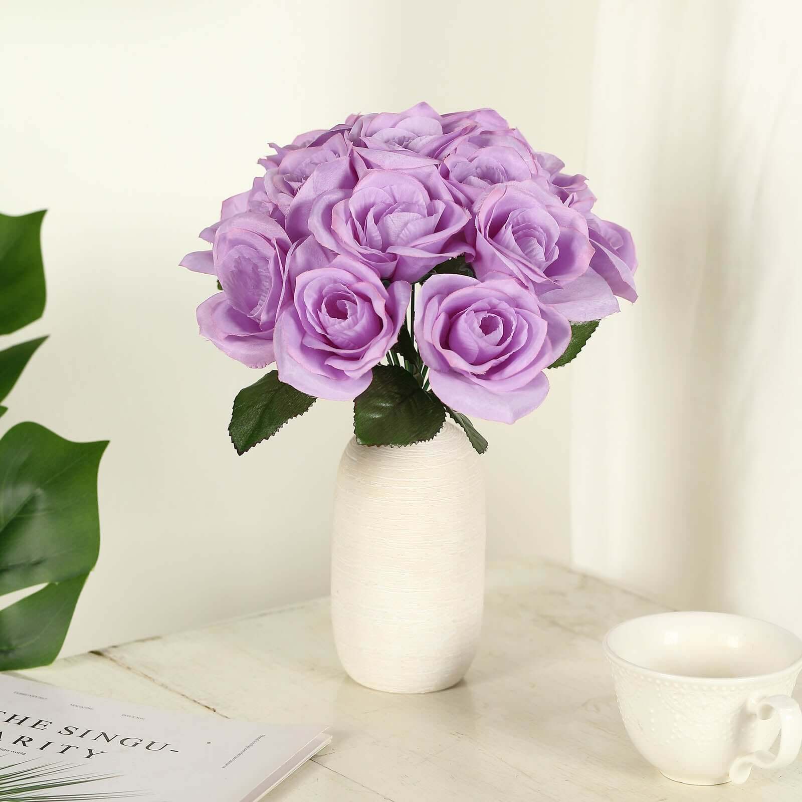 Lavender Lilac Artificial Velvet-Like Fabric Rose Flower Bouquet Bush 12