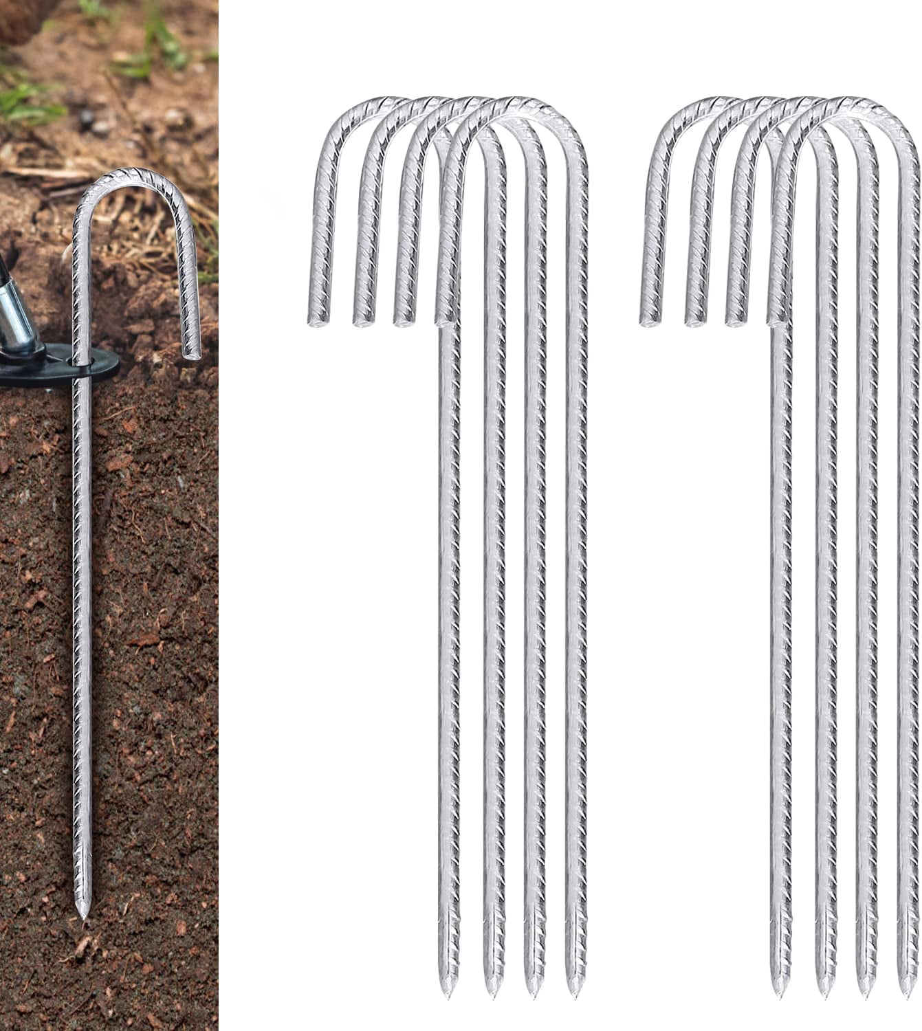 Urban Deco 17 Inch 8 Pack Rebar Stakes J Hook, Heavy Duty Galvanized Metal Stakes, Silver Ground Anchors with Point End,Rustproof Ground Stakes Tent Stakes ( 17in-8pk-silver)