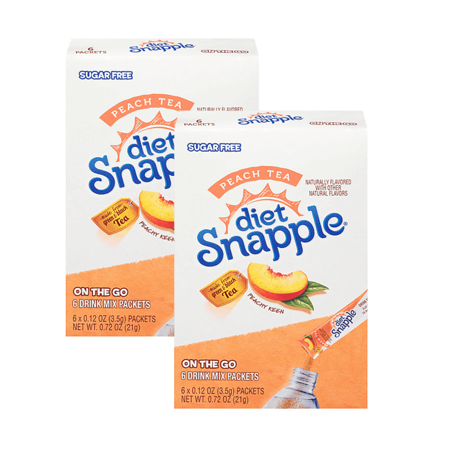 NS Diet Snapple Peach Tea Singles to Go, Powdered Drink Mix, Zero Sugar, Low-Calorie Fruity Flavored Easy to Prepare Indoor & Outdoor Picnic Drink Mix 2 Boxes, 6 Sticks per Box, 12 Total Serving