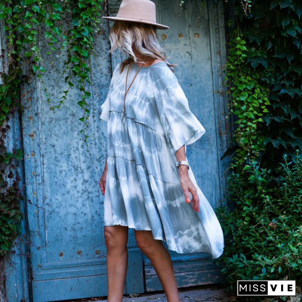 Off Shoulder Tie Dye Loose Casual Midi Dress