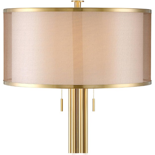 Tall Brass Metal Sheer Organza Outer Linen Inner Drum Shade For Living Room Bedroom Office Home