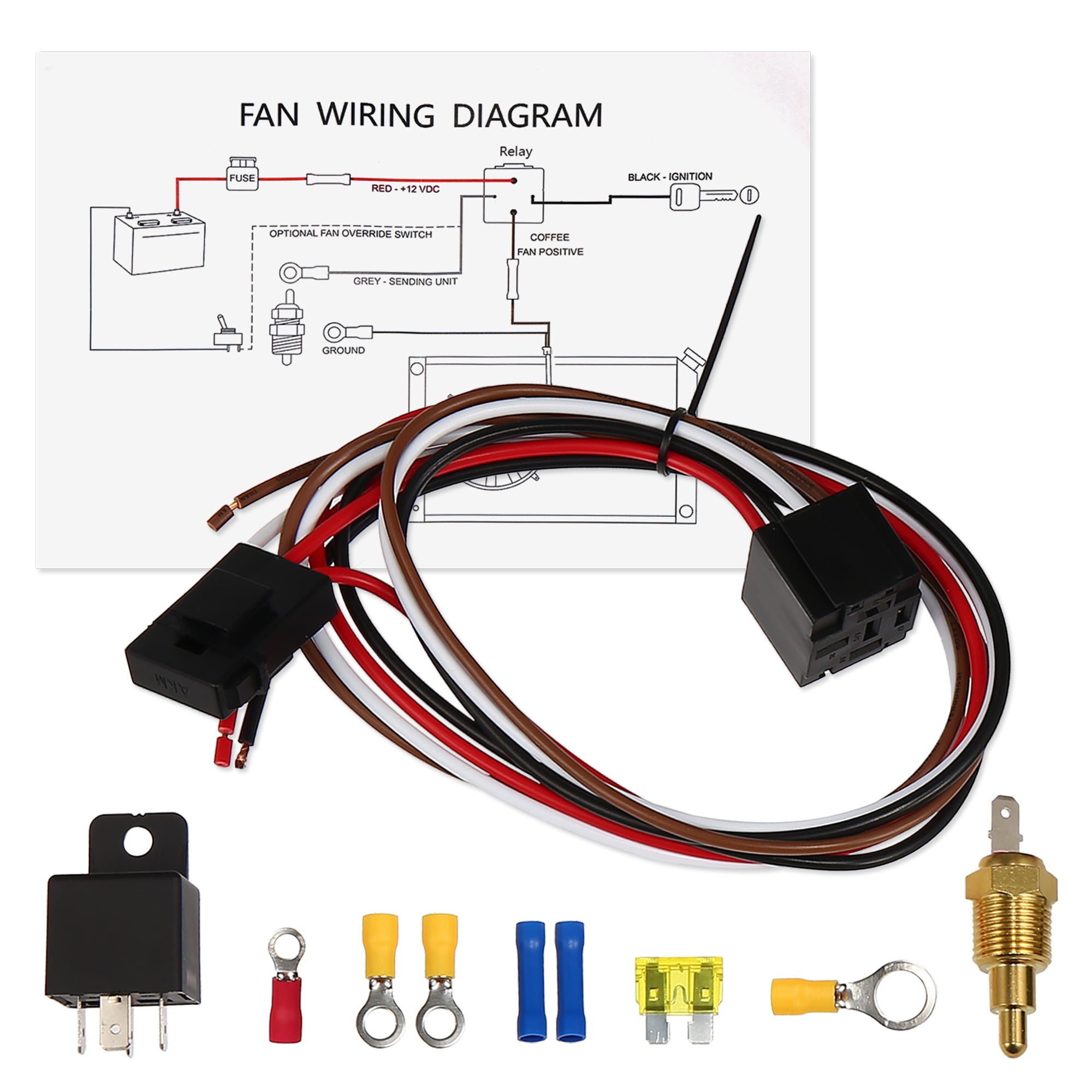 Electric Fan Relay Kit with 185'F on-175'F off Thread-In Probe 40A Radiator Electric Cooling Fan Wiring Kit 1 Set