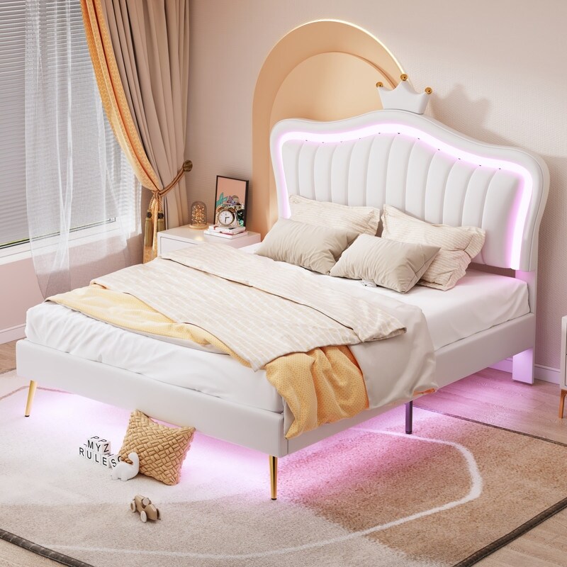 Queen Size Upholstered Bed with LED Lights Crown Headboard