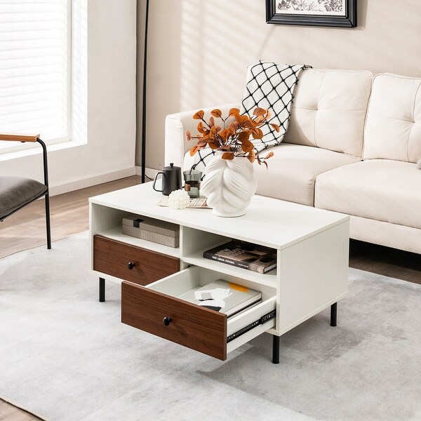 Gymax Coffee Table Modern Rectangle w/ Storage Shelf and Drawers Living