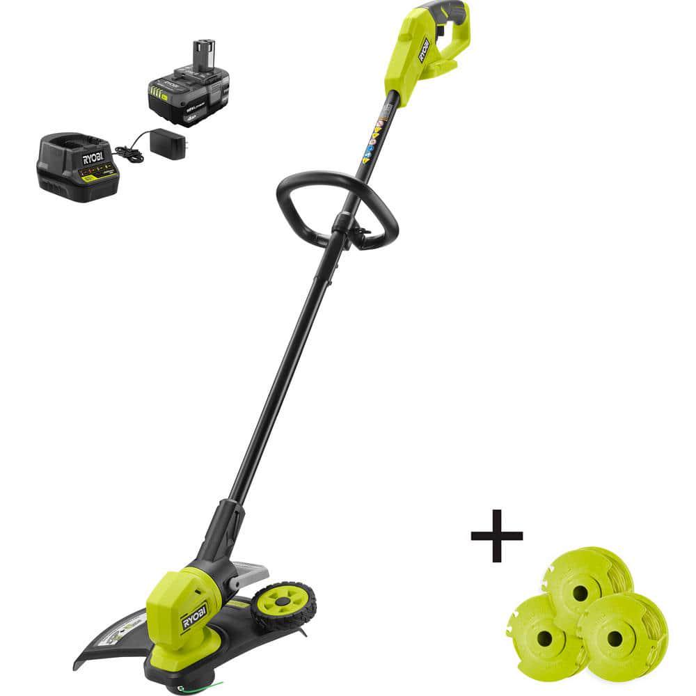 RYOBI ONE 18V 13 in Cordless Battery String Trimmer Edger with Extra 3Pack of Spools 40 Ah Battery and Charger