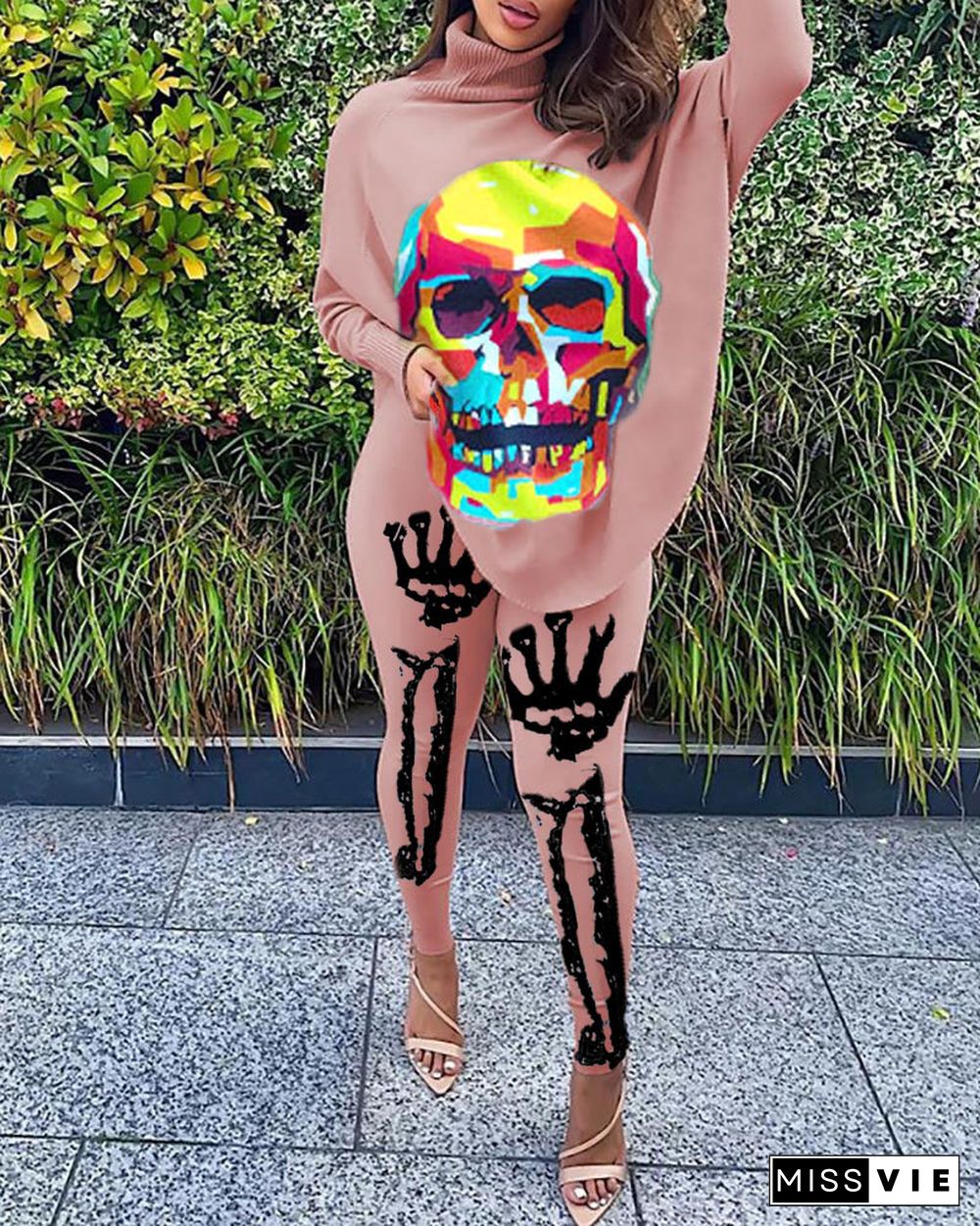 Skull Print Bat Sleeve Split Top Skinny Pants Two Piece Set