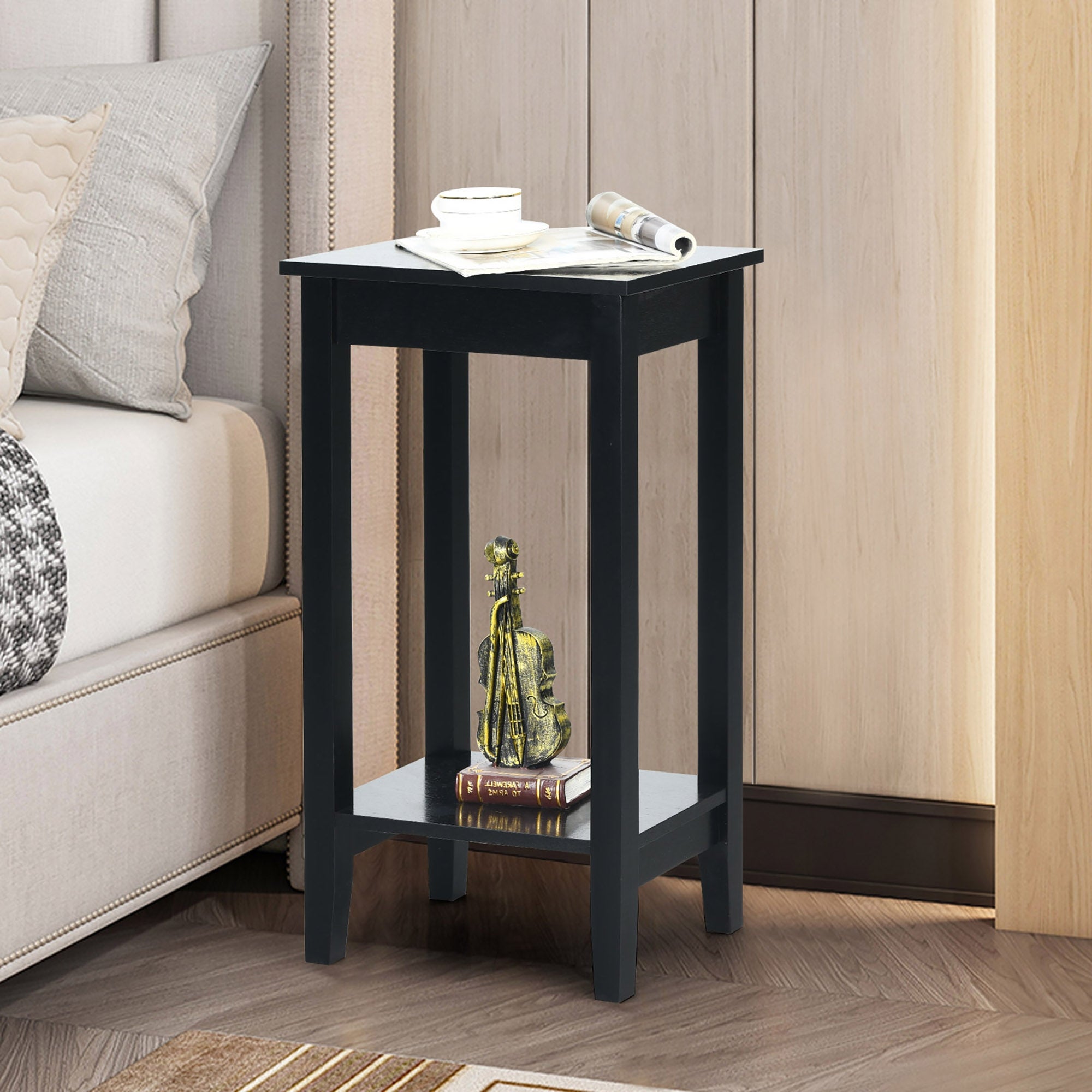 2 Tier End Table Tall Nightstand Sofa Bedside Table w Versatile Shelf