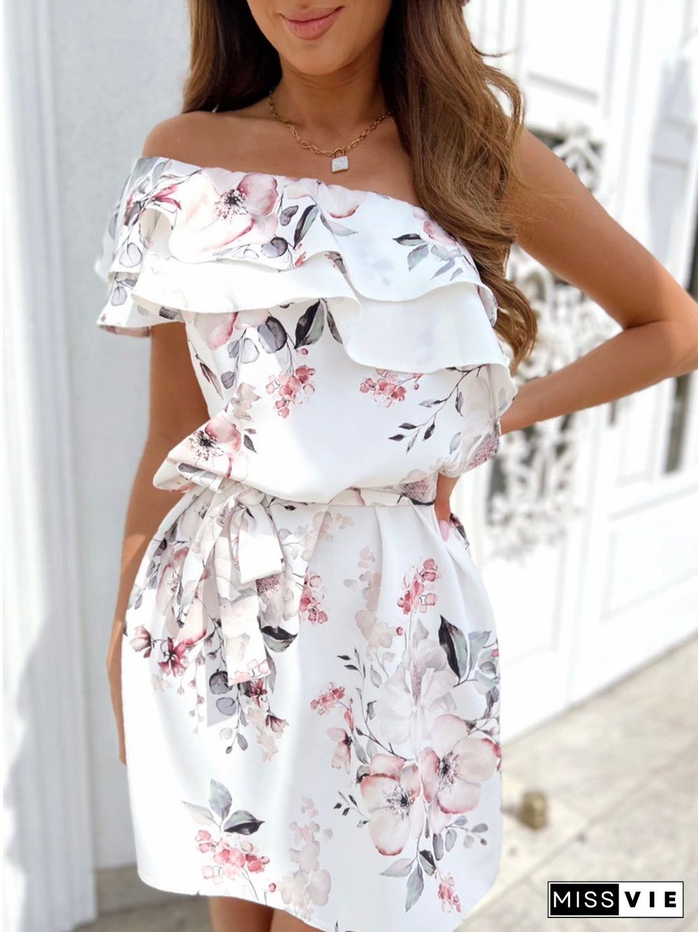 Sexy Diagonal Neck Ruffle Backless Mini Dress Women Fashion Floral Print One Shoulder Dress Elegant Ladies Slim Lace Up Dresses