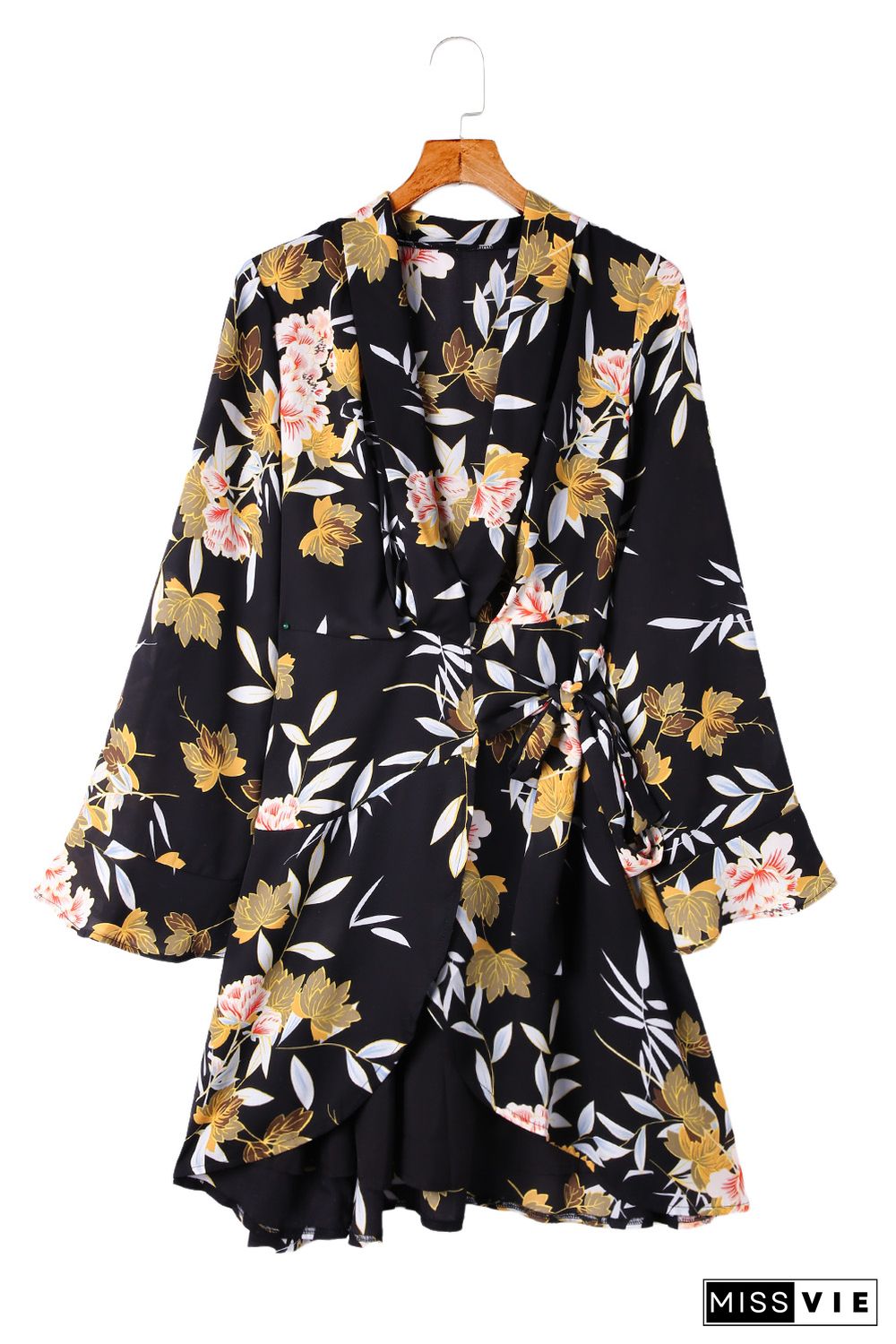 Black Palazzo Floral Ruffle Wrap Dress