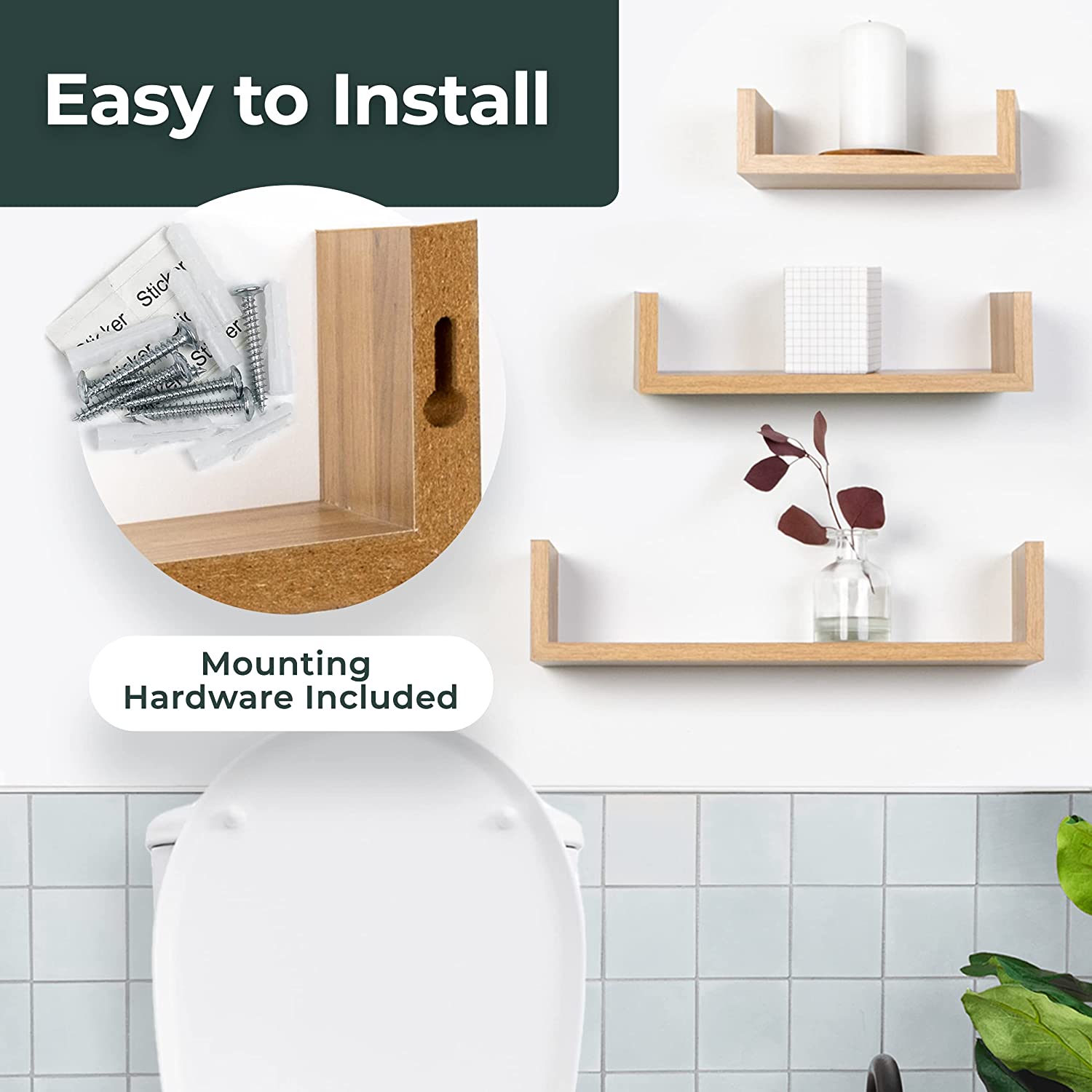 Greenco Set of 3 Floating U Shelves, Natural Finish Floating Storage Shelves for Wall - Wall Shelf Mount Sets