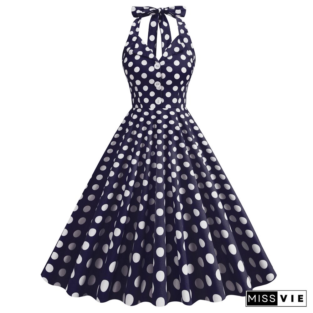 Women Summer Dress VONDA Holiday Deep V Neck A-line Big Swing Party Dress Sexy Polka Dot Vestidos Sleeveless Robe Femininas