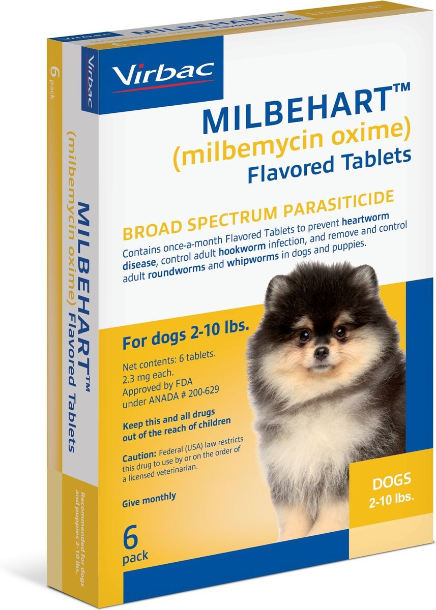 Milbehart Flavored Tablets for Dogs， 2-10 lbs， (Yellow Box)