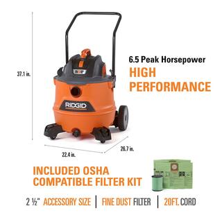 RIDGID 16 Gallon 6.5 Peak HP NXT WetDry Shop Vacuum Fine Dust Filter Locking Hose Accessories OSHA and HEPA Filtration Kit HD1800A