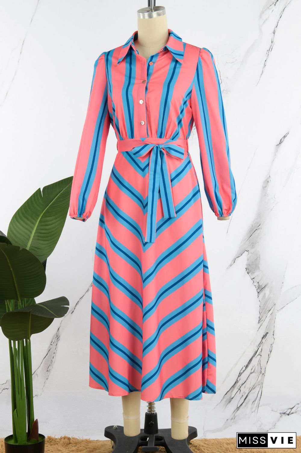 Blue Casual Striped Print Patchwork Turndown Collar Shirt Dress Dresses