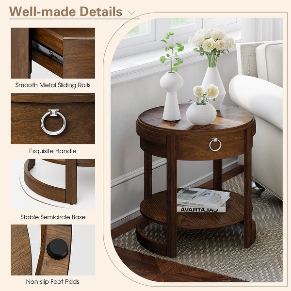 Round Side End Table with Drawer Storage Shelf Accents Nightstand