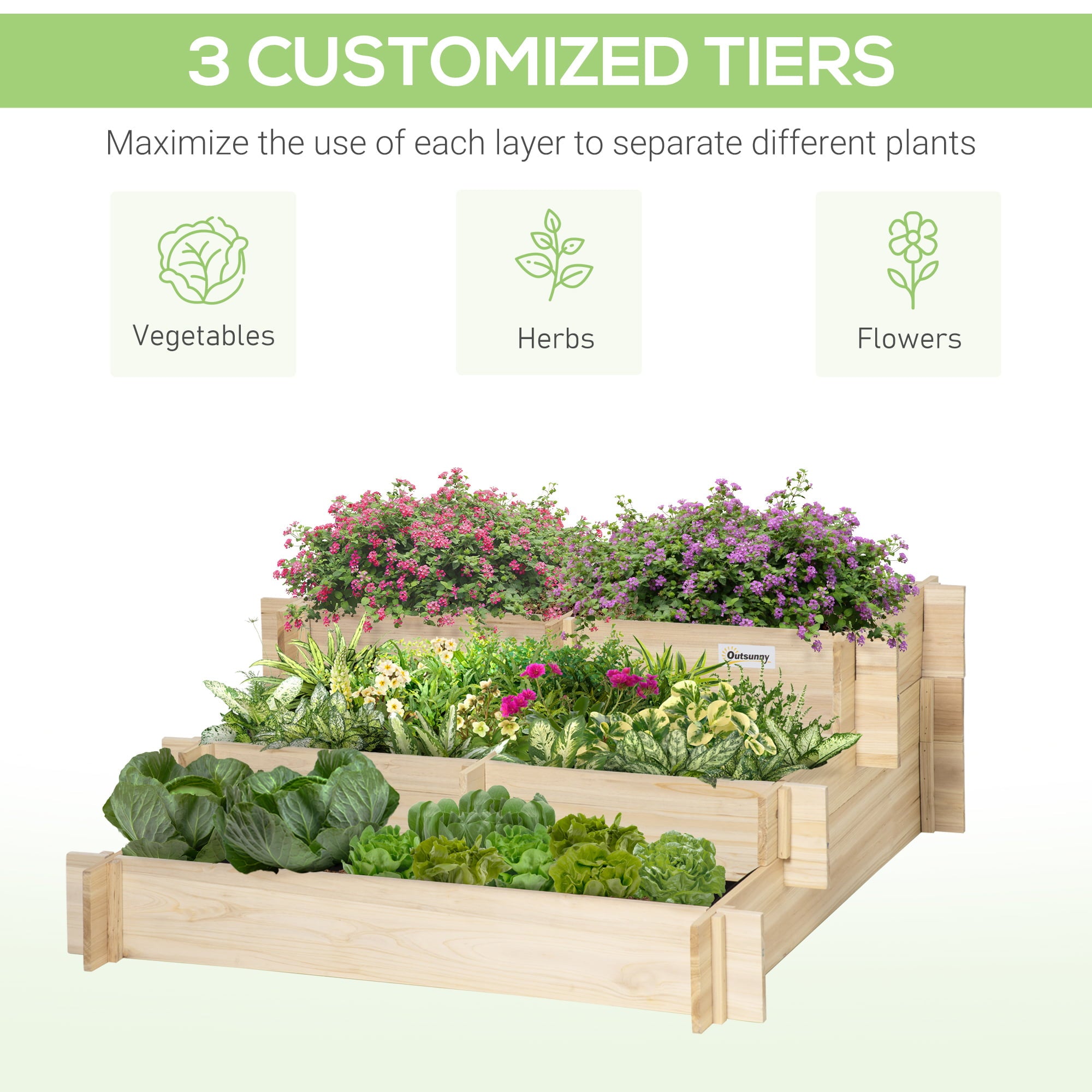 Outsunny 3-Tier Wood Raised Garden Bed with Non-woven Fabric inside, Tiered Planter, Outdoor Vegetable Flower Container, Natural