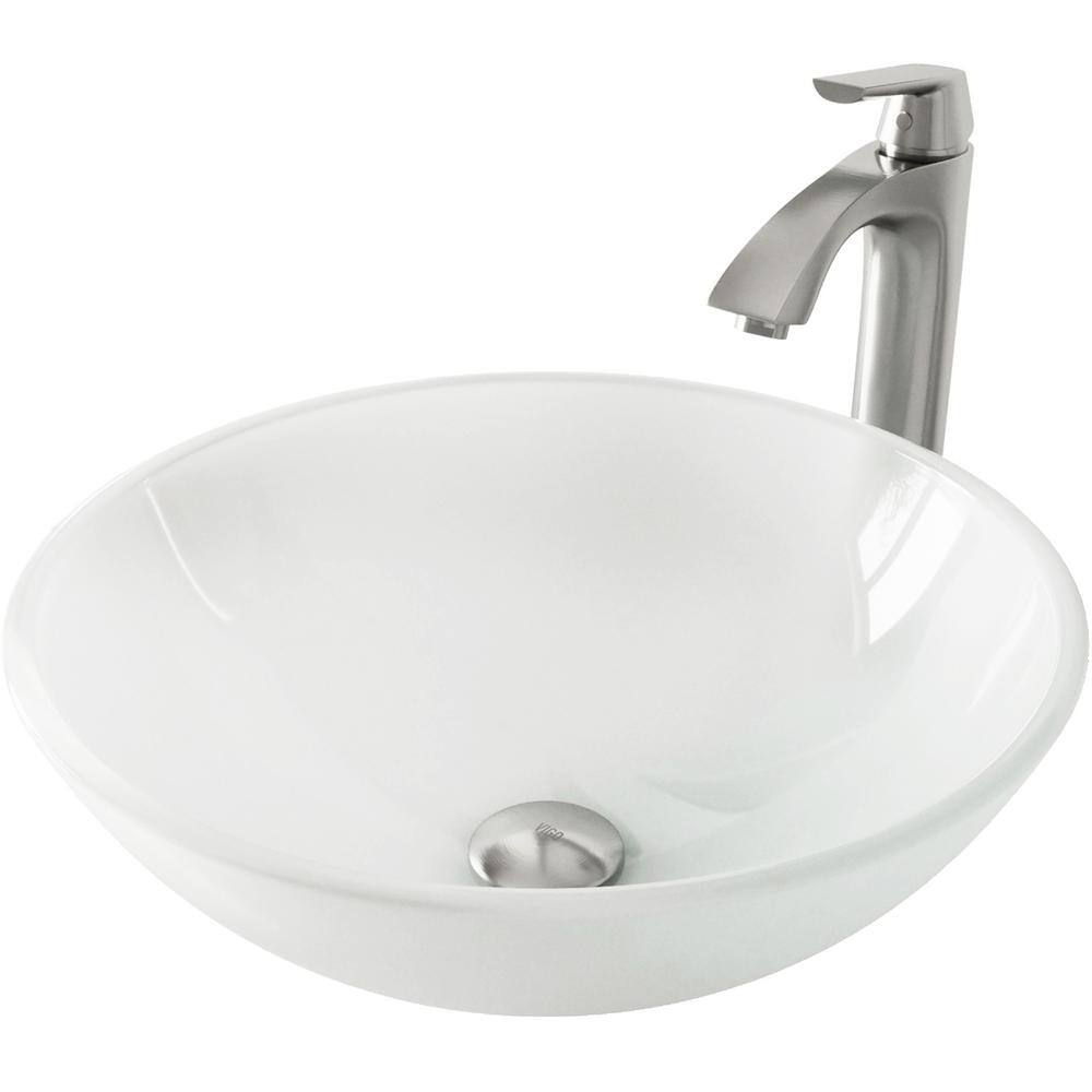 VIGO Glass Round Vessel Bathroom Sink in Frosted White with Linus Faucet and Pop-Up Drain in Brushed Nickel VGT1091